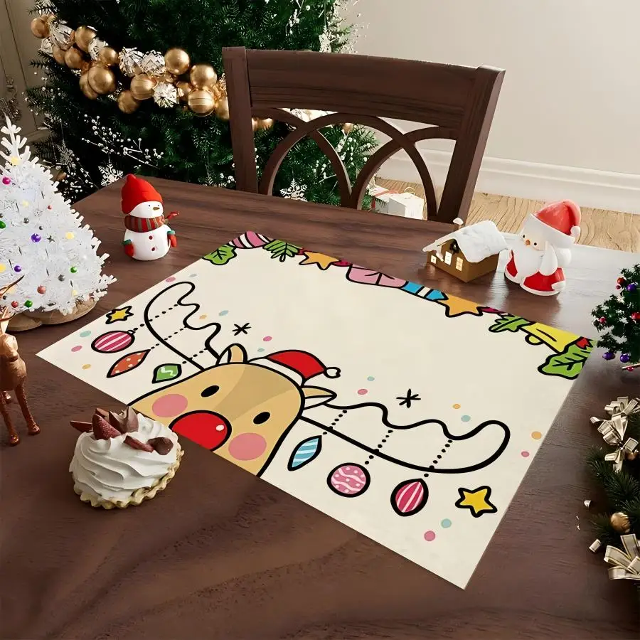 Christmas Placemats Cute Hand Drawn Elk Linen Table Mats Non-Slip Wipe Clean for Xmas Holiday Dinner Party Home Decor