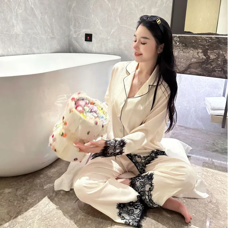 2025 Spring Autumn Luxury White Black Lace Ice Silk Pajamas Women Two Piece Set Long Sleeve Pants Nightgown Homewear Sleepwear