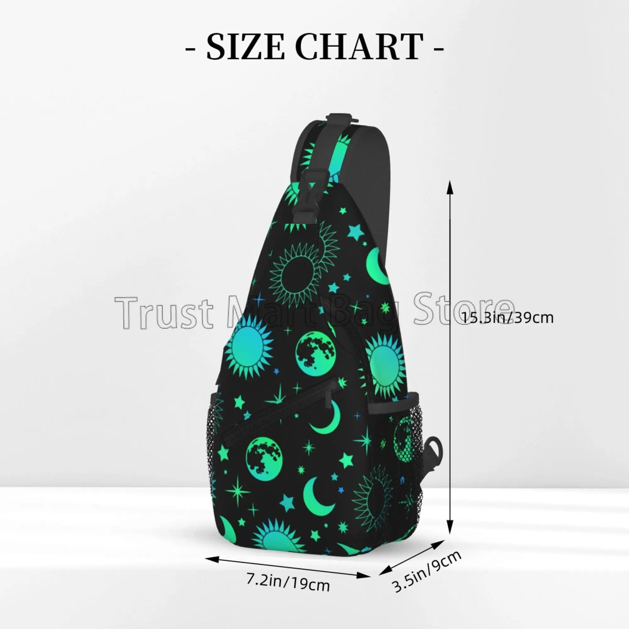 Vintage Neon Green Esoteric Sun Moon Print Sling Backpack Shoulder Chest Bag Crossbody Daypack for Men Women Hiking Travel