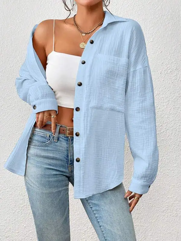 Muslin 100% Cotton Gauze Shirts For Women Turn Down Collar Long Sleeve Button Up Blouse Casual Office Lady Outfits Tops Mujer