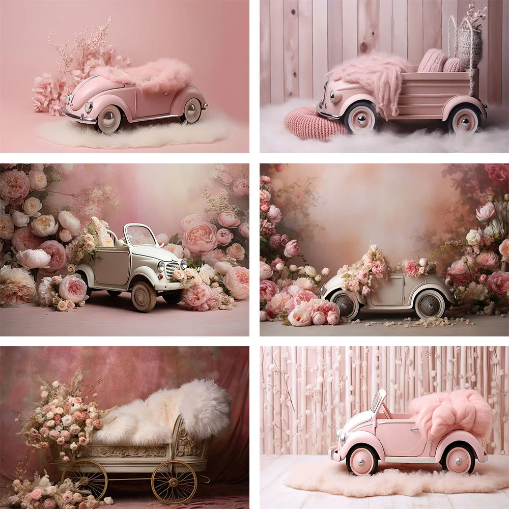 Mehofond Baby Shower Photography Backdrop Pink Car Background for Newborn Theme Decoration Artist Floral Party Props Photophone