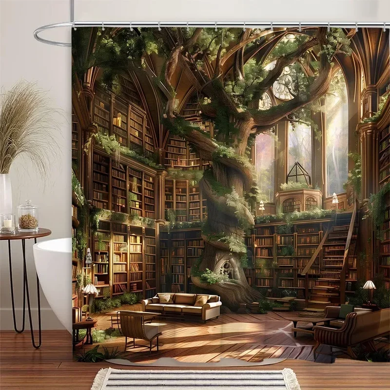 Library Shower Curtain Vintage Medieval Books Bookshelf Cat Dog Leaves Magic Gothic Polyester Fabric Bathroom Decorative Curtain