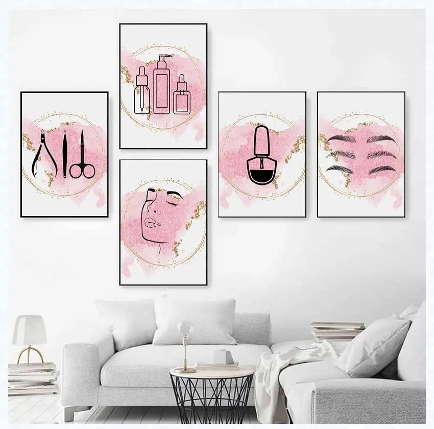 Pink Beauty Salon Tools Hair Stylist Nail Minimalist Poster Cosmetology Canvas Paintings Wall Art Picture Barbershop Home Decor