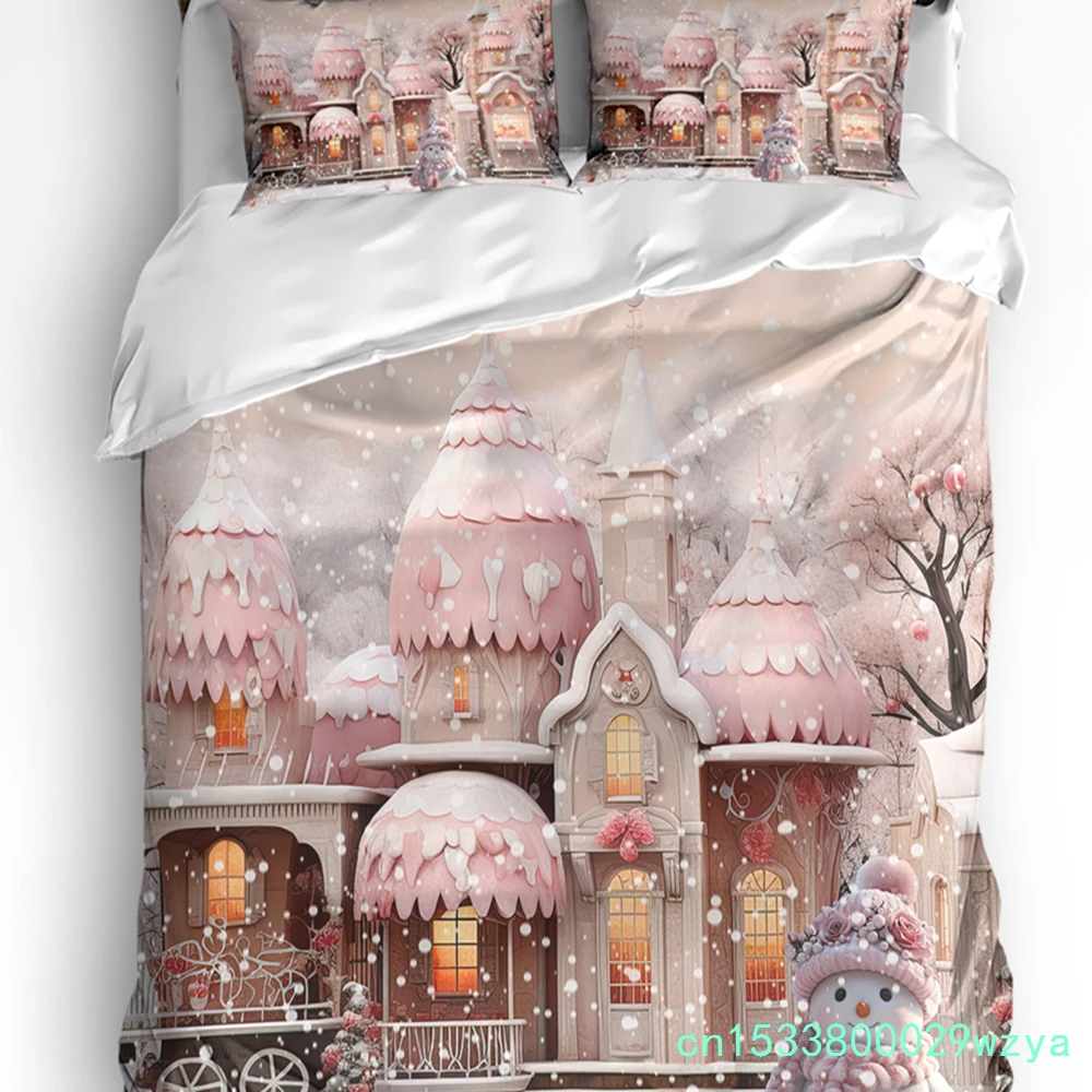 Christmas Snowman Snow Scene Pink House 3pcs Bedding Set For Double Bed Home Textile Duvet Cover Quilt Cover Pillowcase