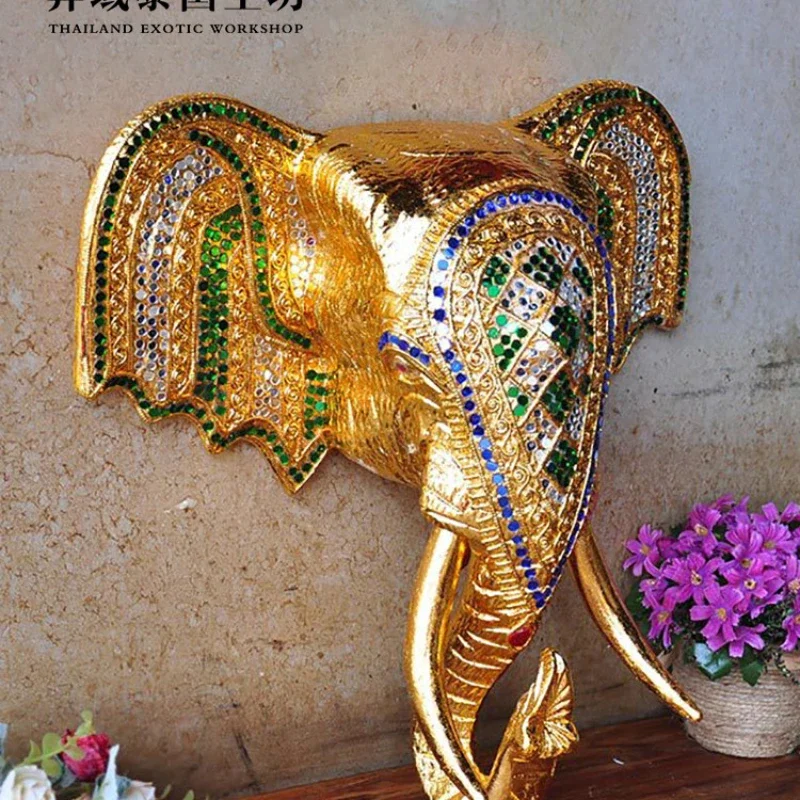 Southeast Asian style decoration Elephant head solid wood carving creative porch wall decoration Restaurant club SPA wall hangin