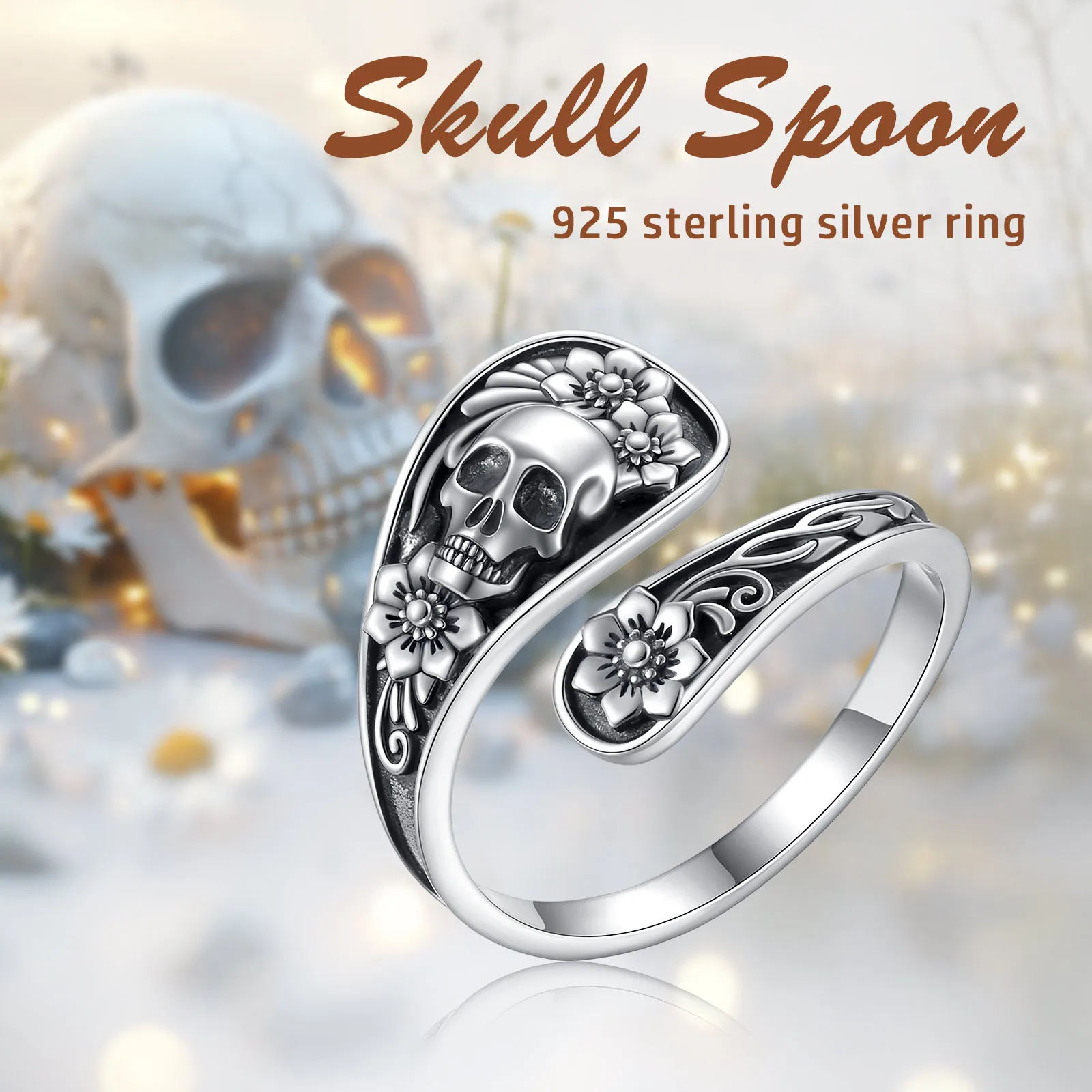 يودورا 925 فضة القوطية الجمجمة ملعقة قابل للتعديل حلقة زهرة الورد الهيكل العظمي الدائري شخصية مجوهرات هدية للنساء رجل