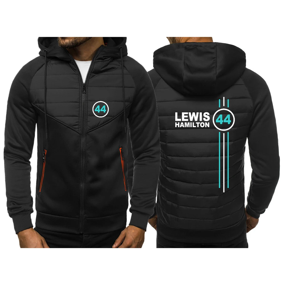 F1 Driver Lewis Hamilton Digital 44 Men's zipper hooded Stitching New winter printing Cotton-padded jacket Stylish clothing