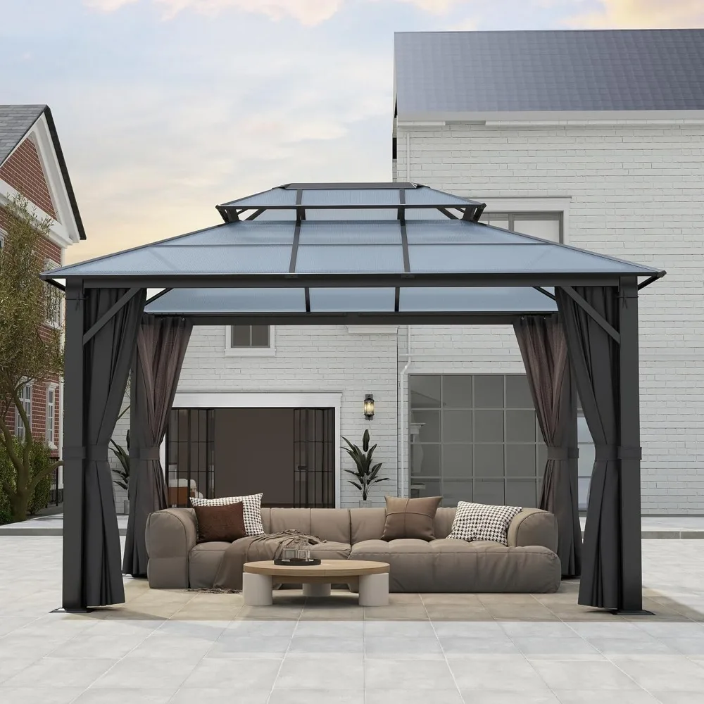 10'x12' Hardtop Gazebo, Outdoor Double Polycarbonate Roof Gazebo, Alumium Frame Permanent Pavilion with Curtains & Netting for B