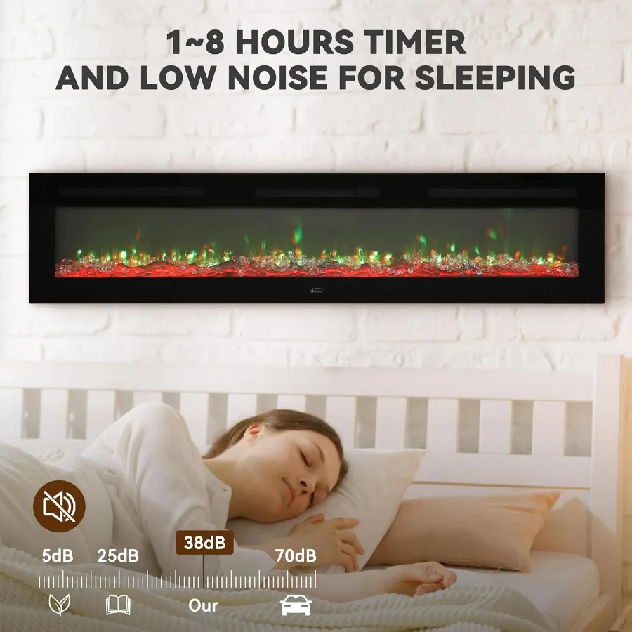 Camino elettrico da 72 pollici Camino LED da parete e da incasso con telecomando Temporizzatore da 8 ore 12 impostazioni di fiamma Touch screen