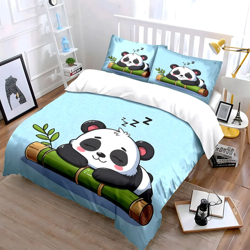 Cartoon panda sleeping on bamboo Bedding Set for Kids Luxury Gift 3pcs Digital Print Comforter Set Soft Comfortable Breathable