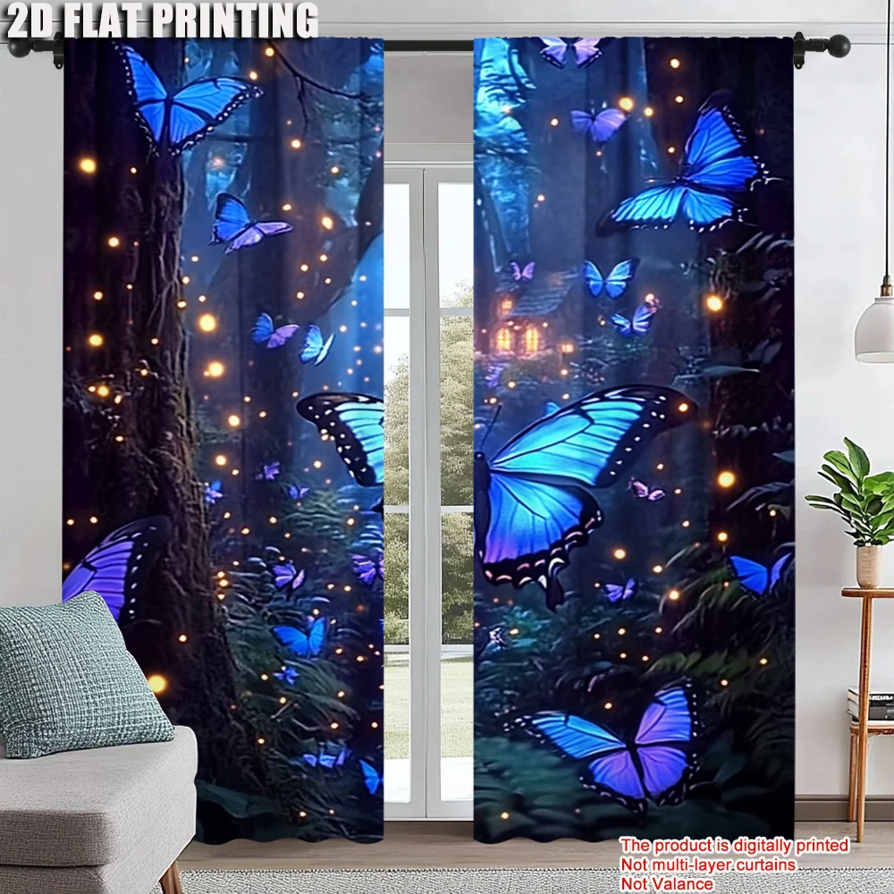 

2Pcs Butterfly Forest Prints Window Curtain Rod Pocket Window Treatments For Bedroom Living Room Dormitory Office Home