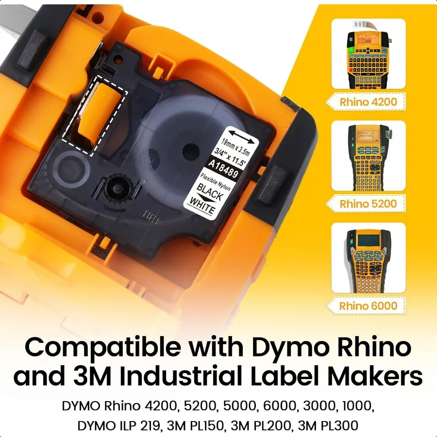 6팩 18489 DYMO Rhino 산업용 유연한 나일론 3/4인치 라벨 테이프 교체품, DYMO Rhino Pro 4200 5200 5000 6000 3와 호환