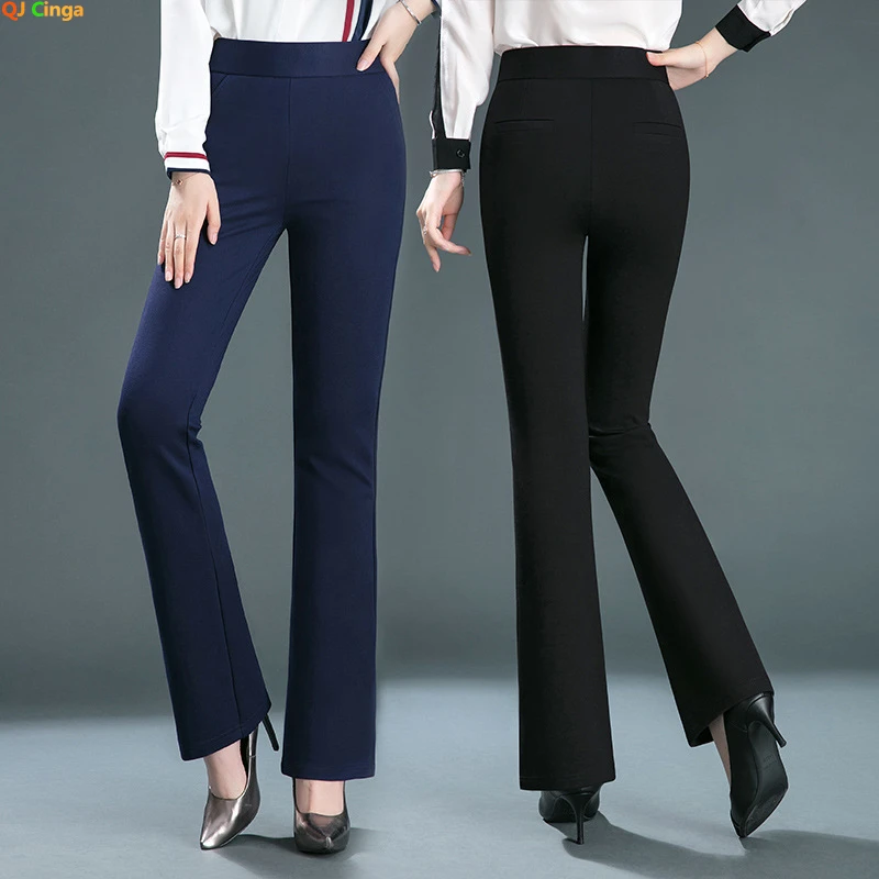 Black Women's Elastic Waist Pants, Fashion Slim Flare Pant, Khaki Camel Trousers, Navy Blue Pantalones Female, Asian Size S-10XL