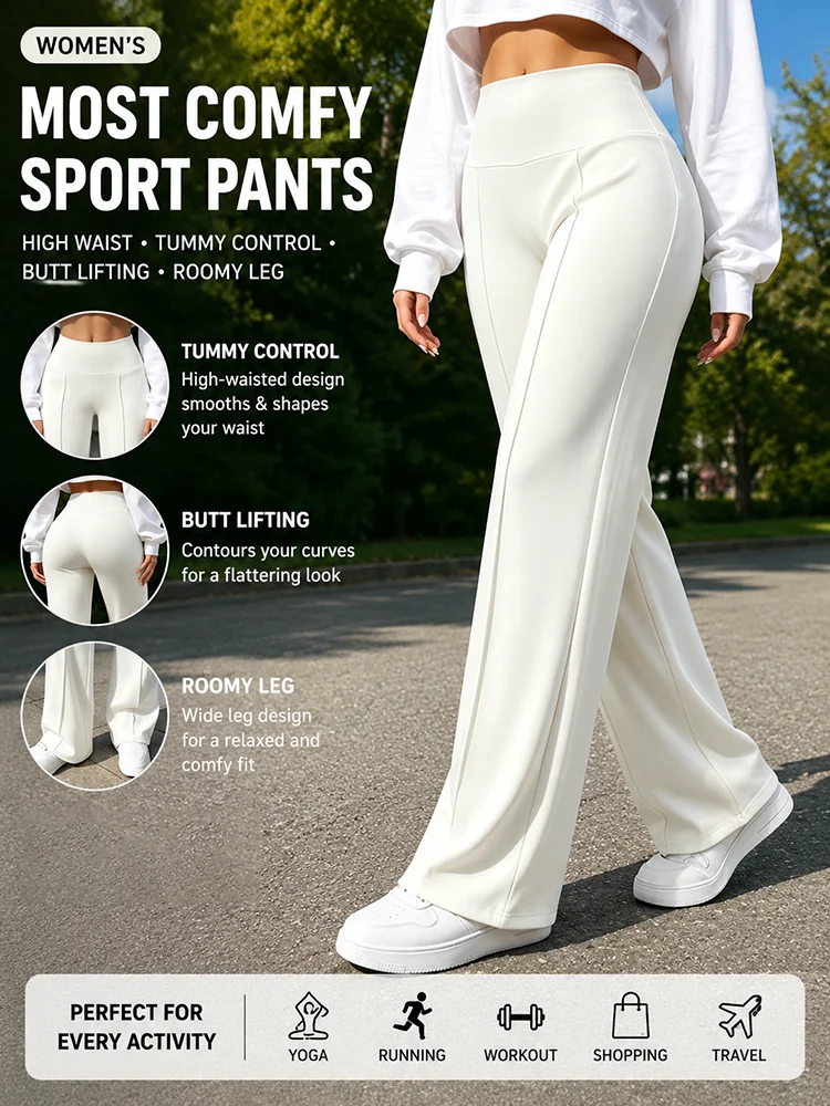 Lady's Elegant White Wide-Leg Pants, Made of Durable Fabric. Suitable for Daily or Formal Occasions, Workouts, Yoga, and Sports.