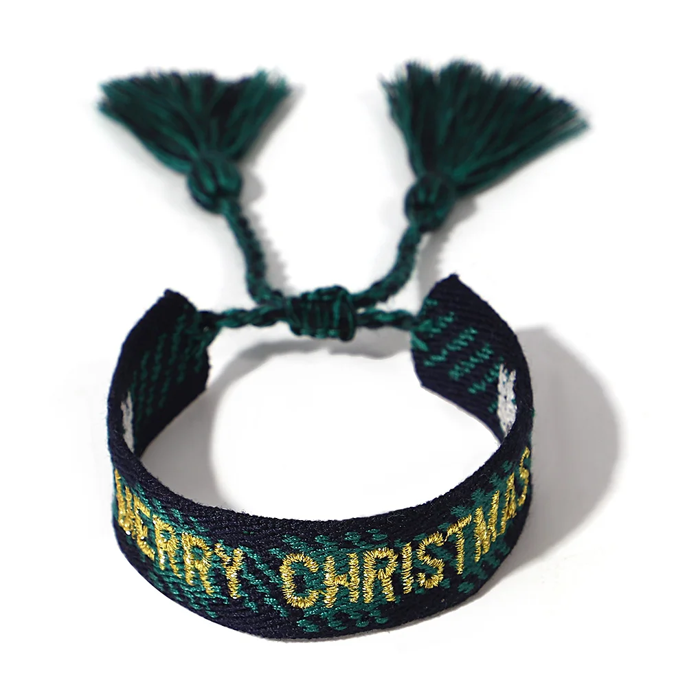 ALLYES Merry Christmas Embroidered Woven Bracelet for Women Boho Adjustable Cotton Fabric Knitted Tassel Bracelets Jewelry Gifts
