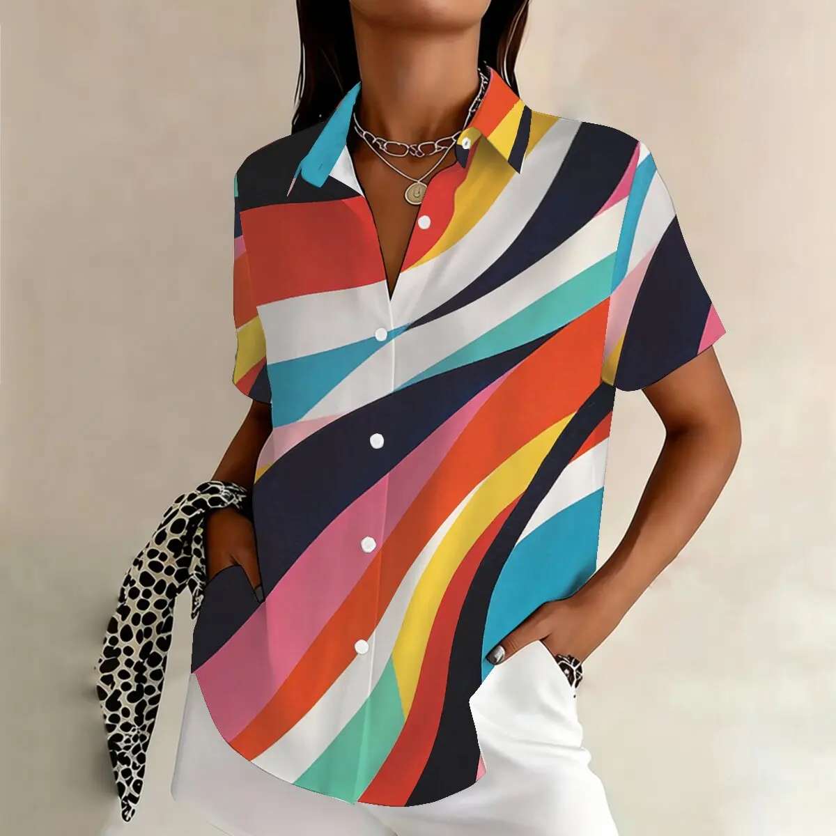 

Summer women's plus-size short-sleeve shirt,colorful contrast stripes,vibrant and bold,perfect for parties,vacations and casual