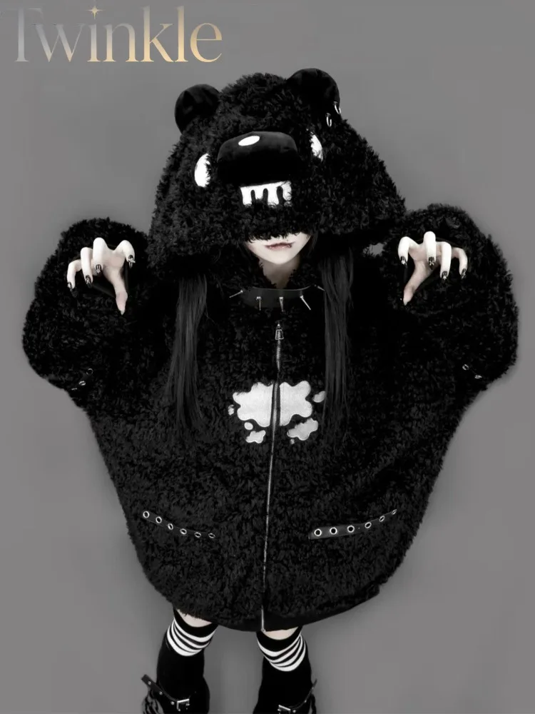 Japanese Style Cute Plush Jacket Autumn Winter Coat New Bear Ears Subculture Y2K Sweet Cool Fleece Hoodie