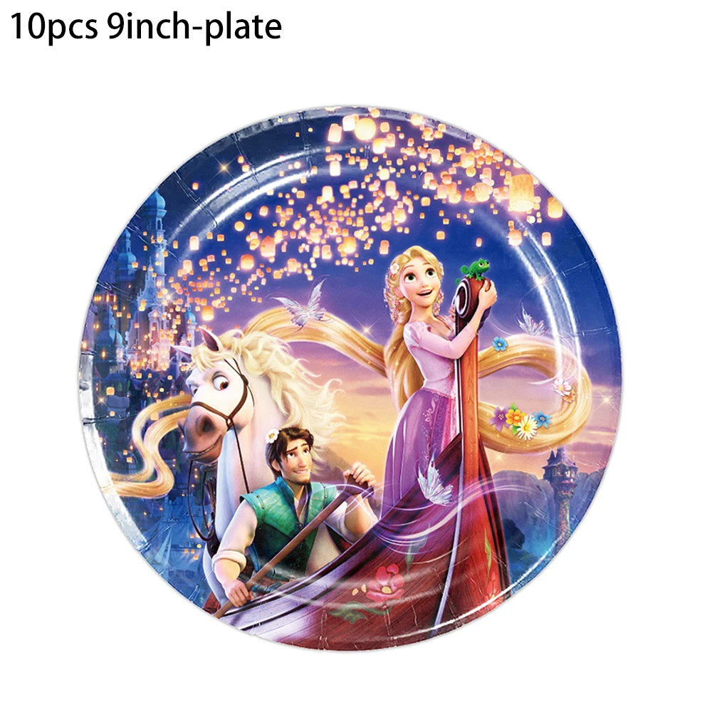 Décorations de fête princesse Raiponce pour filles, fournitures d\'anniversaire, gobelet en papier, assiette, bannière, ballons, Disney, LED plus