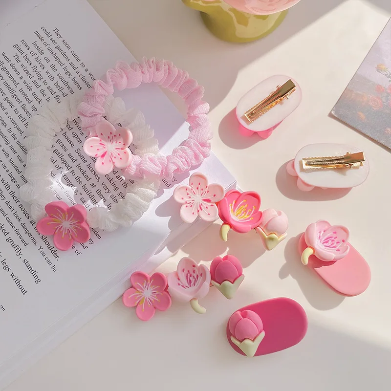 1/2pcs Cute Pink Flower Hair Clip Elastic Peach Blossom Hair Rope Sweet Women Girls Makeup Bangs Hairpin Ponytail Bun Hairbands