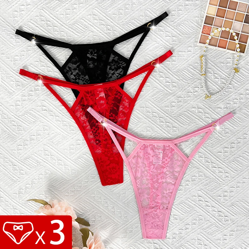 3 unids/pack de cintura baja de encaje Sexy para mujer, bragas florales, lencería Sexy suave transpirable, tangas elegantes para mujer, ropa interior femenina