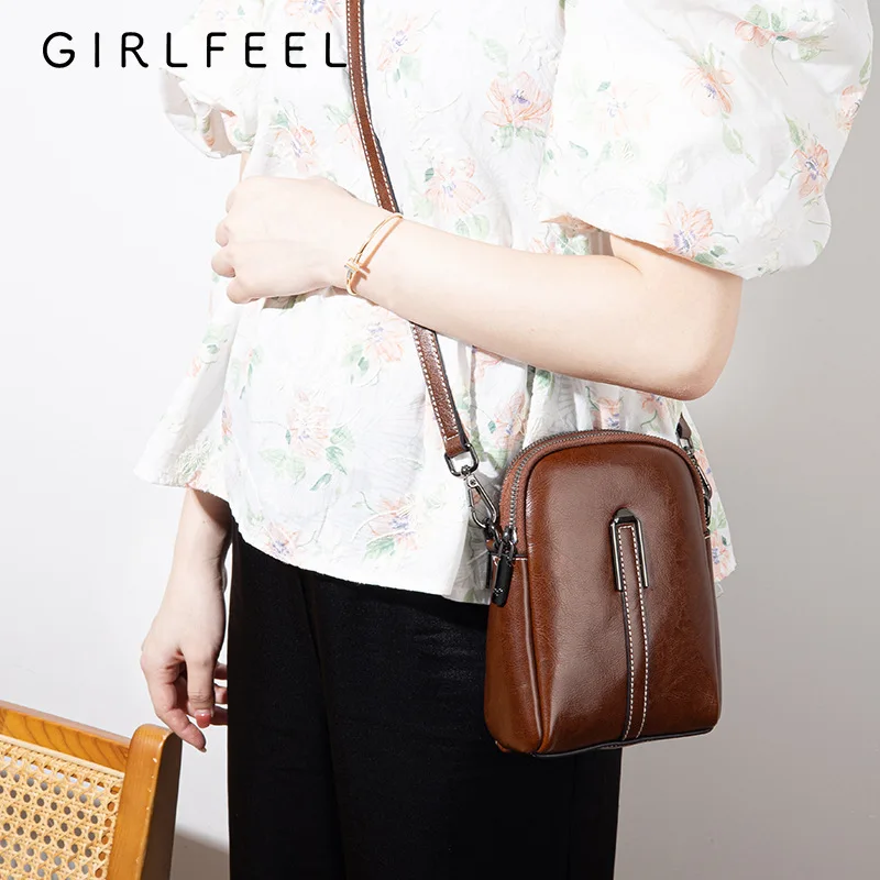 

Real leather retro clamshell vertical square shoulder bag double zipper light commuting diagonal span small backpack