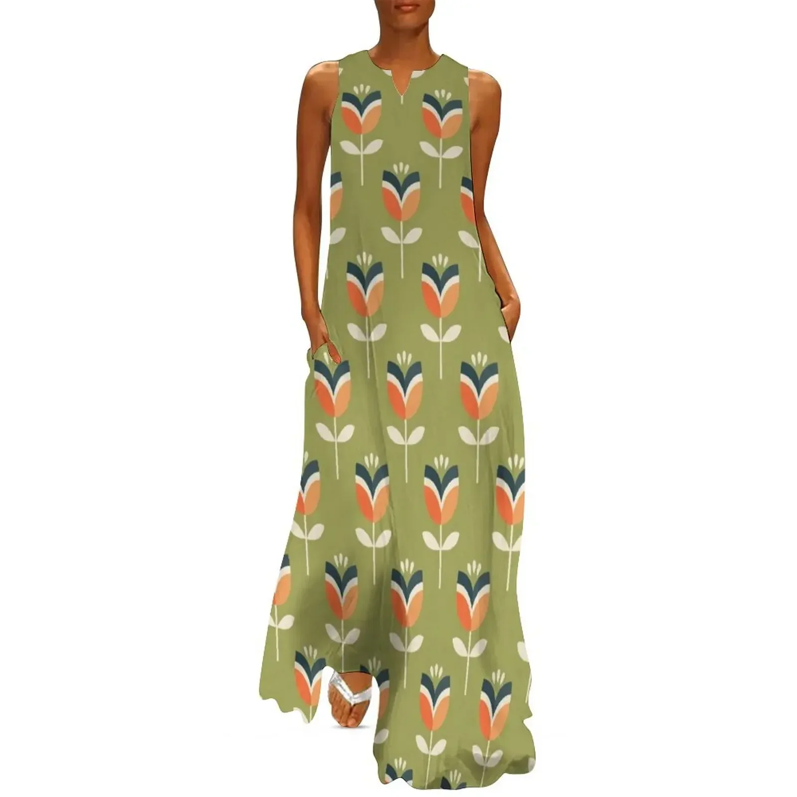 

Retro Tulip - Orange and Olive Green Long Dress summer clothes for women luxury dress ladies dresses for women 2025 Dress
