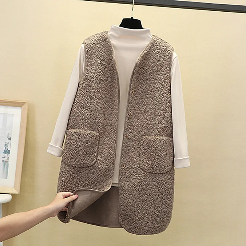 

Autumn Winter Polyester Women's Coat V-Neck Sleeveless Cardigan Pockets Button Loose Solid Fashion Office Lady Coat