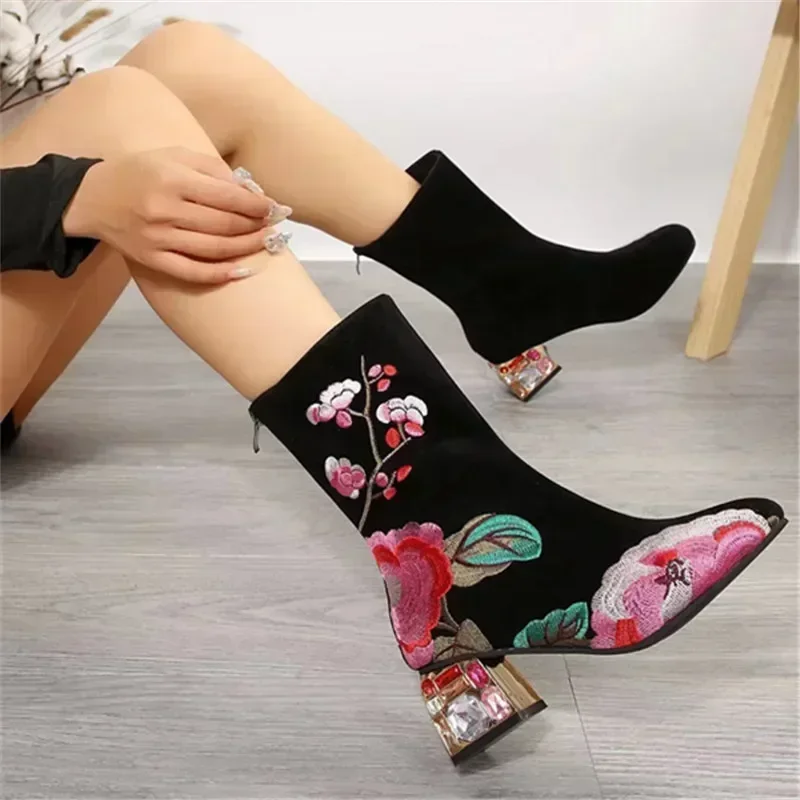 Women Flower Embroider Ankle Boots Winter Fashion Colorful Rhinestone Square Heels Zipper Motorcycle Short Boots Retro Shoes