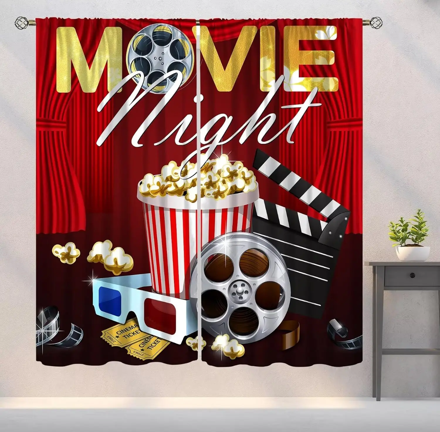 Movie Theater Curtains, Vintage Home Cinema Video Film Art Printed Blackout Window Drapes for Office and Living Room