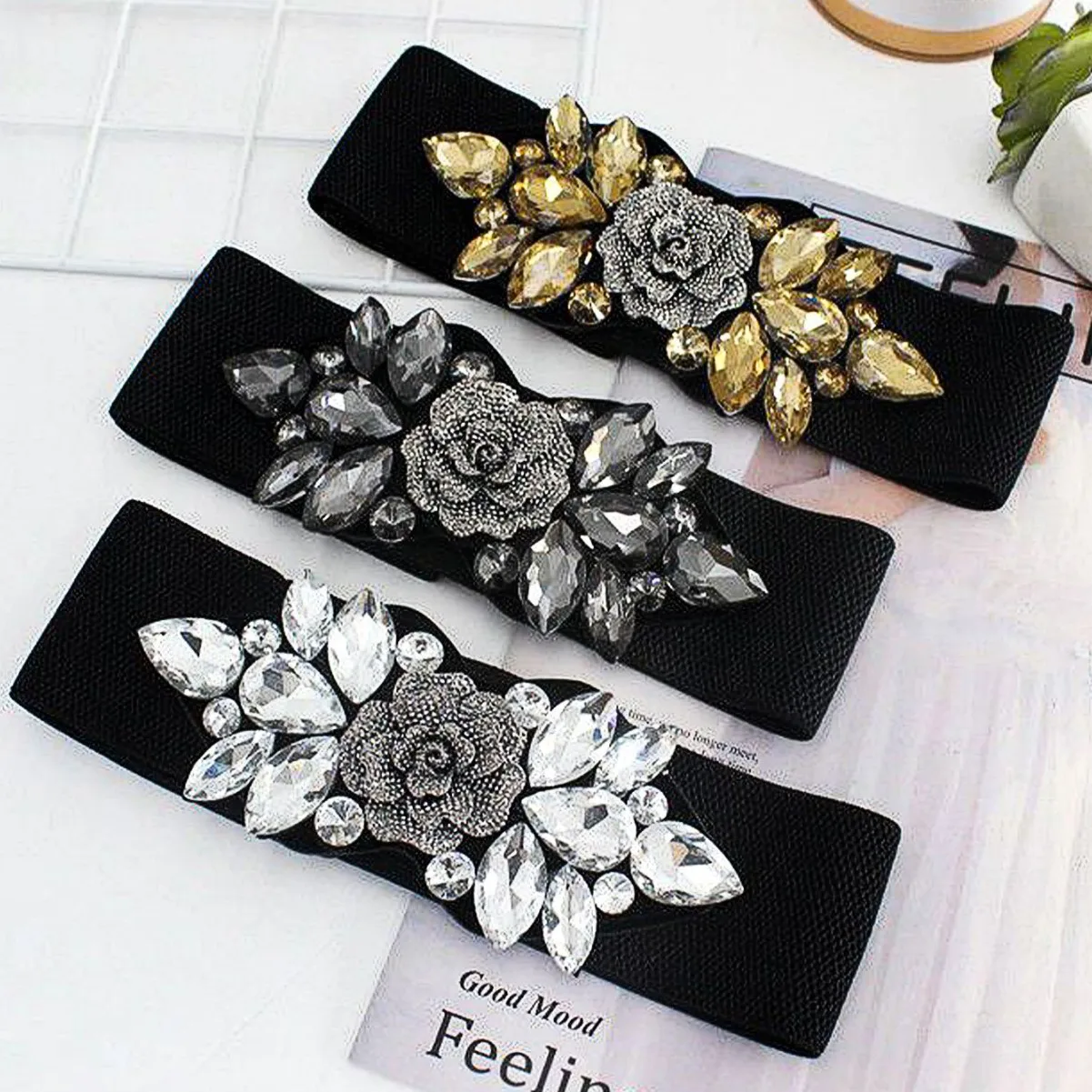 

Женский эластичный пояс с розеткой и украшением Diamante, черный широкий пояс