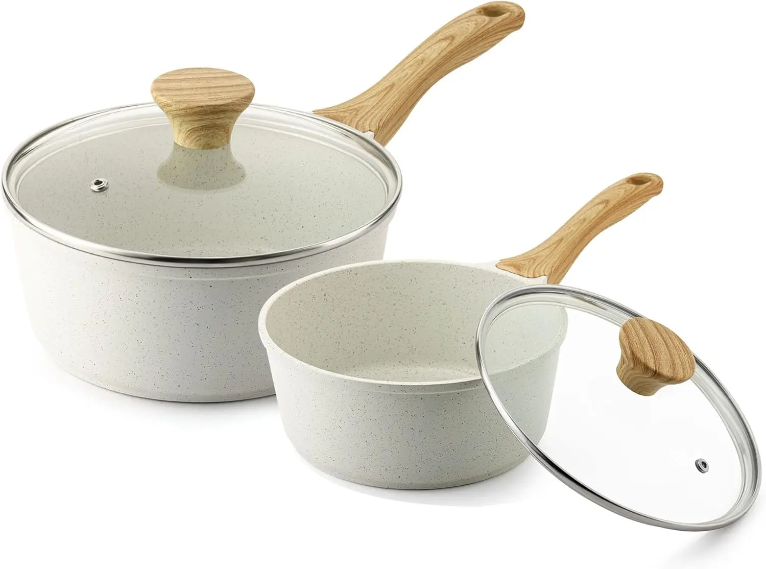 

White Ceramic Nonstick Saucepan Set with Lid, Induction Compatible, PFOA/PFAS Free, 1.5+2.5QT