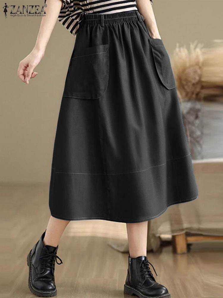 ZANZEA Women Vintage Denim Skirts 2025 Fashion Summer High Waist Solid Color Long Skirts Casual Loose A-Line Pockets Bottoms