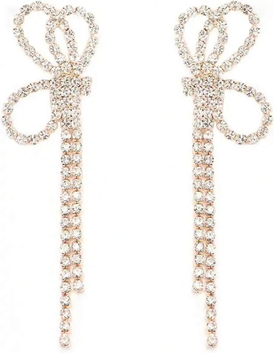

Bow Rhinestone Long Tassel Drop Earrings For Women Fashion Sparkly Dangle Jewelry