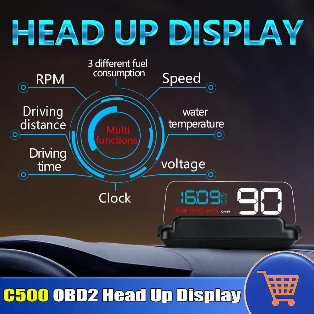 جديد C500 Obd2 HUD سيارة رئيس يصل عرض العارض على متن الكمبيوتر الرقمية سرعة RPM MPH المبرد الجهد الوقت درجة حرارة الماء إنذار