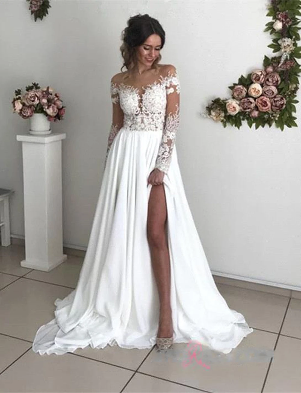 Elegante Spitze mit hoch geteilten Brautkleid ern Schatz A-Linie Chiffon Applikationen einfache Boho lange Vestidos de Noiva Brautkleider