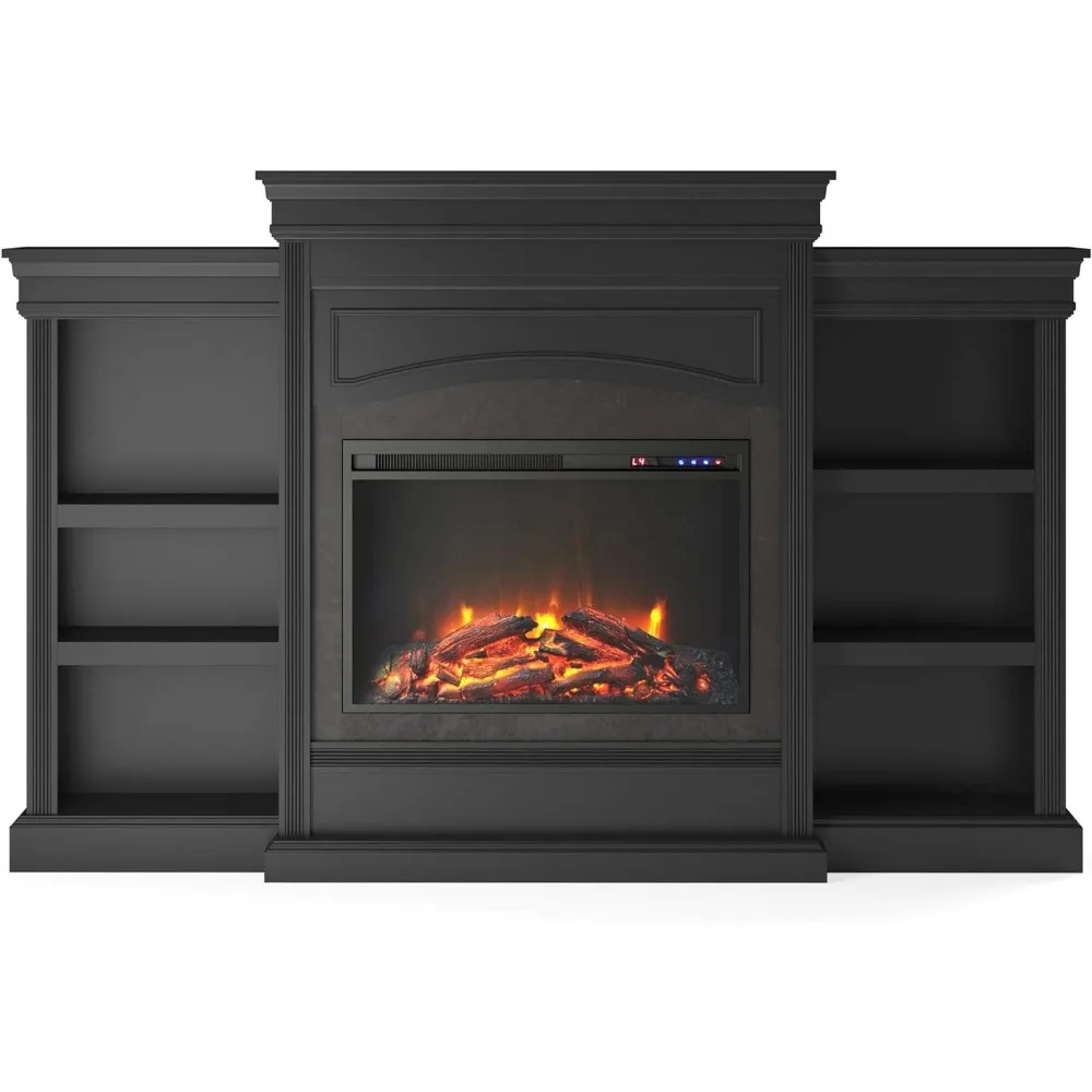 Fireplace with Bookcase, with Long-Lasting Ultra-Bright LED Technology with Realistic Logs and Flame, Features 2 Bookcases,White