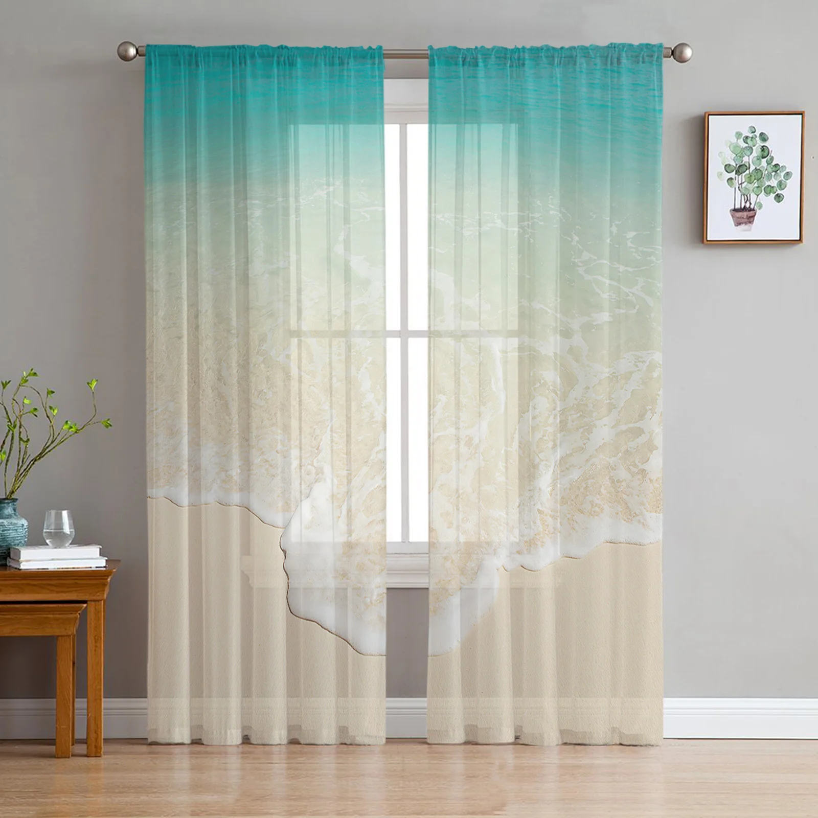 

Tropical Beach Ocean Blue Sand Curtains For Living Room Transparent Tulle Window Curtain Bedroom Decor Veil Drape