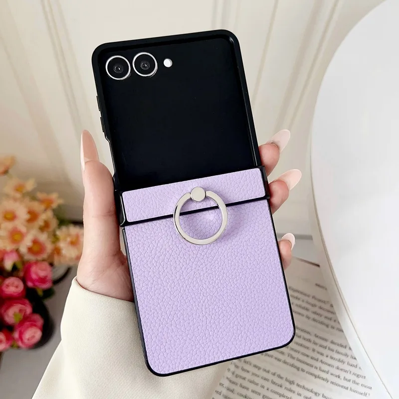 Luxuriöse Litchi-Leder-Handyhülle für Samsung Galaxy Zflip8 ZFlip7FE Z Flip 8 7 6 5 4 3 mit drehbarem Metallringhalter