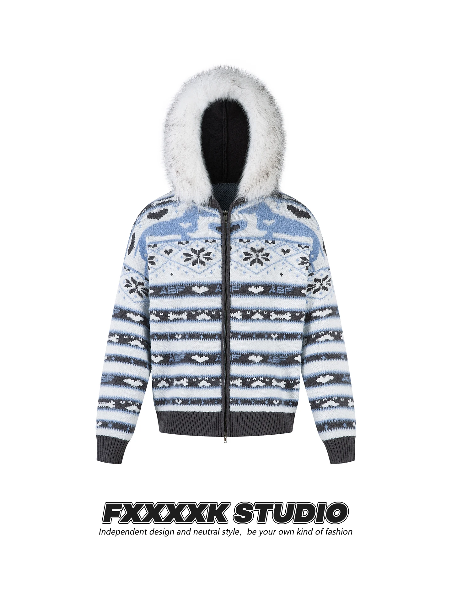 

Оригинальный американский ретро-кардиган FXK с капюшоном и большим меховым воротником, зимняя верхняя одежда для пар, молодежная мода