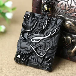 Natural Black Obsidian Carved Chinese Dragon Head Square Lucky Pendant Amulet Beads Necklace Trendy Vintage Gift Jewelry