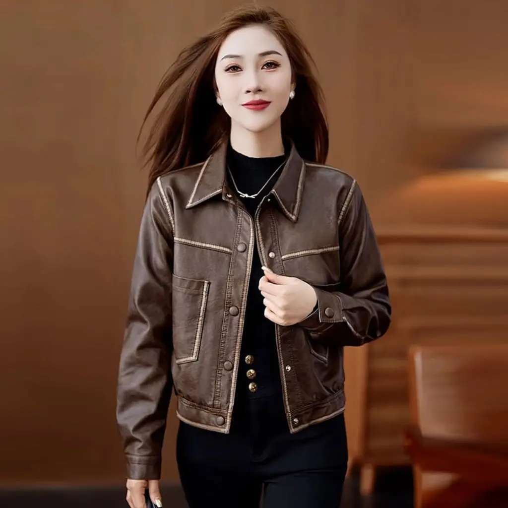 Jaket Kulit Wanita Berlapis Bulu Tebal Warna Cokelat untuk Musim Gugur dan Musim Dingin, Model Pendek Longgar, Kasual Mewah, Jaket Kulit PU untuk Berkendara Motor