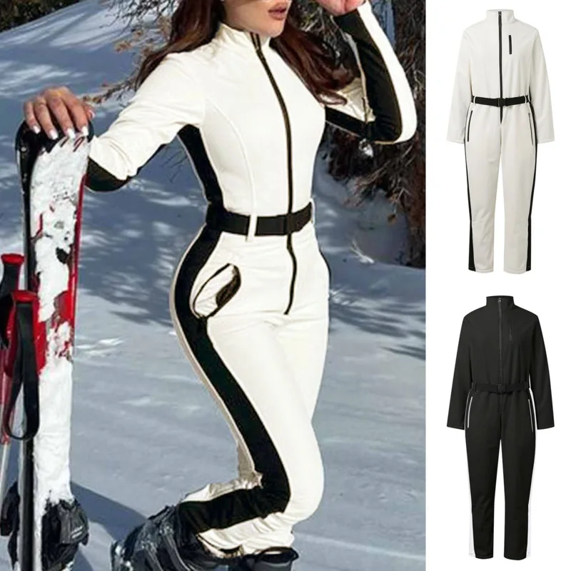 Patchwork Waterproof Ski Suit Women One Piece Full Zipper Slim Snowboard Overall With Belt Winter Outdoor Sport Skiing Jumpsuit