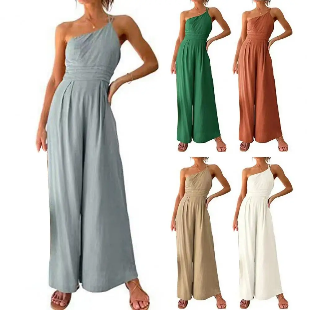 

Sexy Sleeveless Slash Neck Playsuit Vintage Cotton Linen Women Jumpsuit Wide Leg Sling Waist Tight Backless Ladies Rompers Pants