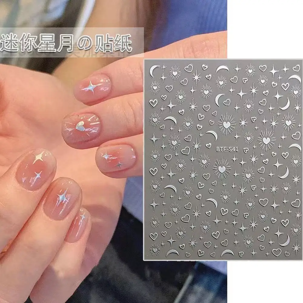 

3D-наклейки для ногтей с рельефным дизайном: серебряные звезды, луна, любовь. Водостойкие самоклеящиеся блестящие стикеры для нейл-арта своими руками.