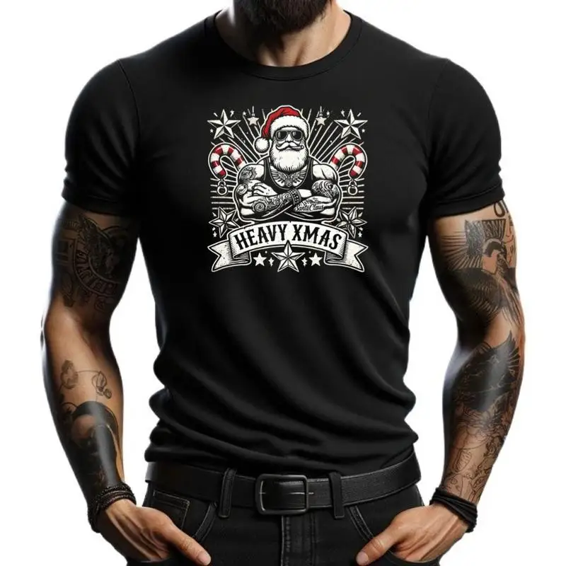 

Black Heavy Xmas T Shirt for Men Christmas Design with Rocker Santa and Festive Style