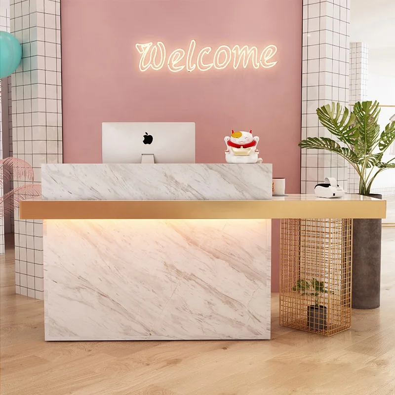 Custom.متجر الملابس الحديثة ماكينة تسجيل المدفوعات النقدية من خشب الرخام الحديث الحد الأدنى من الحديد المطاوع مكتب استقبال الشركة