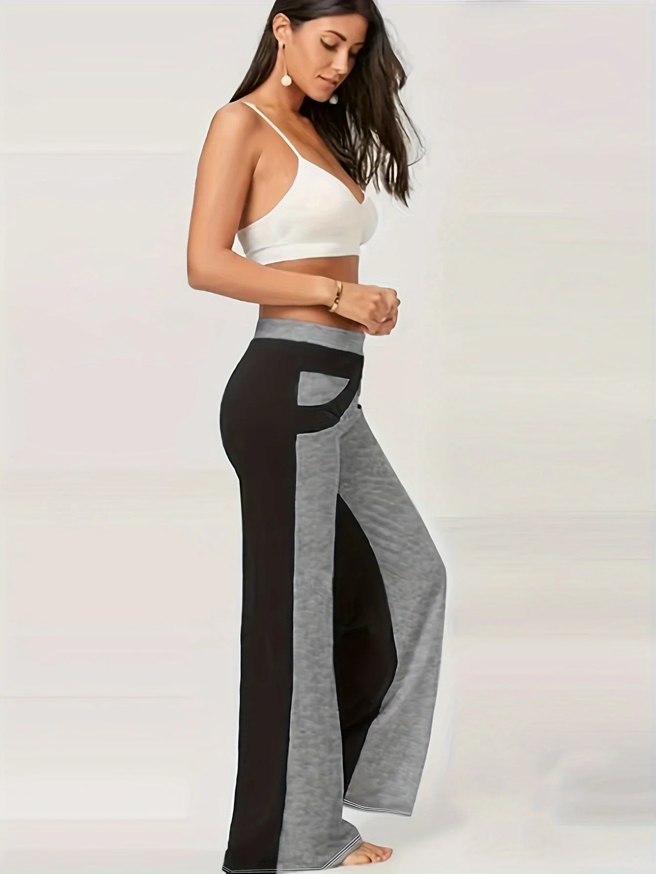 Plus Size Casual Pants, Women's Plus Colorblock Elastic High Rise Flared Leg Trousers