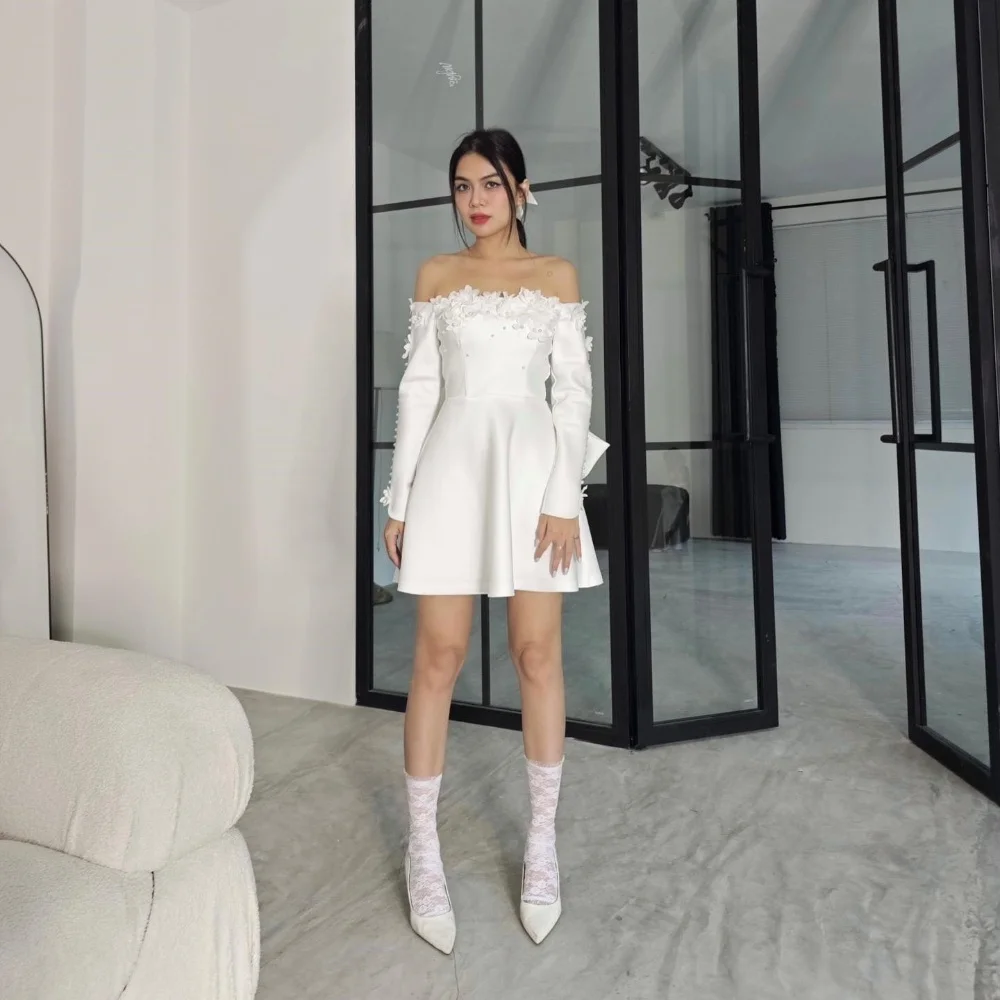 

Sparkle Exquisite High Quality Jersey Pearl Flower Ruched Celebrity A-line Off-the-shoulder Bespoke Occasion Gown Mini Dresses