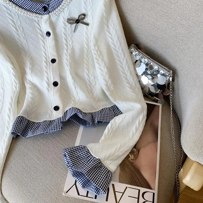 Модный лоскутный женский кардиган с милым бантом, однобортный вязаный укороченный свитер Y2K, вязаные джемперы с оборками и длинными рукавами