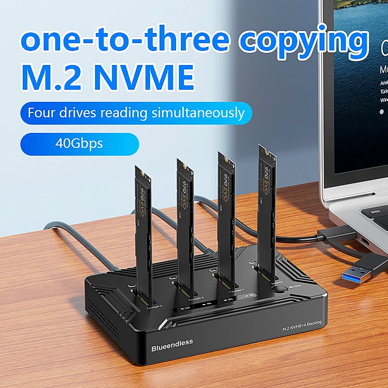 Blueendless 4 bay M.2 NVME SSD Docking Station with offline clone USB4 40Gbps M2 Nvme PCIE SSD enclosure external harddisk case